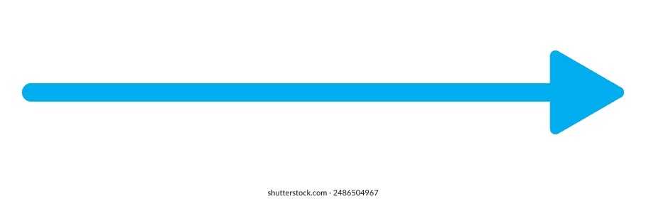 Blue long arrow pointing to the right. Straight long arrow icon, right thin line, blue cursor, horizontal element, thick pointer vector long arrow icon isolated on white background.