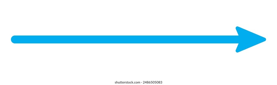 Blue long arrow pointing to the right. Straight long arrow icon, right thin line, blue cursor, horizontal element, thick pointer vector long arrow icon isolated on white background.