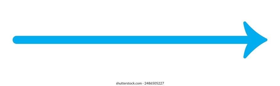 Blue long arrow pointing to the right. Straight long arrow icon, right thin line, blue cursor, horizontal element, thick pointer vector long arrow icon isolated on white background.