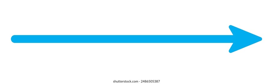 Blue long arrow pointing to the right. Straight long arrow icon, right thin line, blue cursor, horizontal element, thick pointer vector long arrow icon isolated on white background.