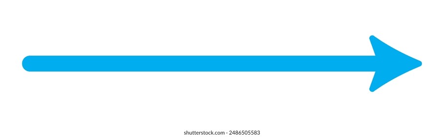 Blue long arrow pointing to the right. Straight long arrow icon, right thin line, blue cursor, horizontal element, thick pointer vector long arrow icon isolated on white background.