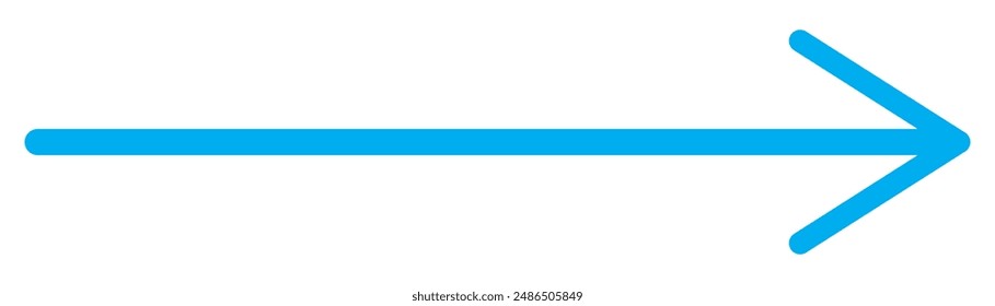 Blue long arrow pointing to the right. Straight long arrow icon, right thin line, blue cursor, horizontal element, thick pointer vector long arrow icon isolated on white background.