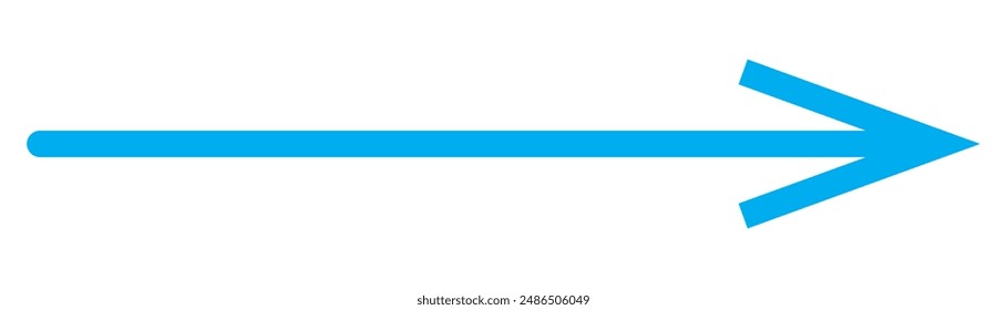 Blue long arrow pointing to the right. Straight long arrow icon, right thin line, blue cursor, horizontal element, thick pointer vector long arrow icon isolated on white background.