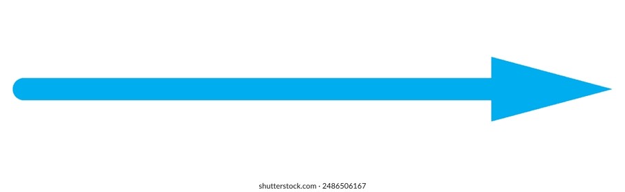 Blue long arrow pointing to the right. Straight long arrow icon, right thin line, blue cursor, horizontal element, thick pointer vector long arrow icon isolated on white background.