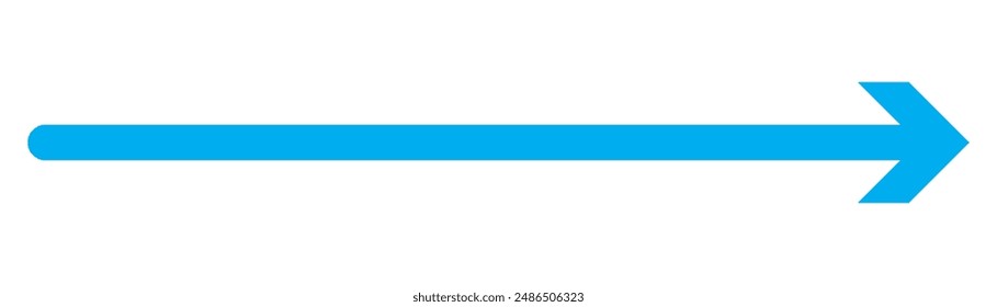 Blue long arrow pointing to the right. Straight long arrow icon, right thin line, blue cursor, horizontal element, thick pointer vector long arrow icon isolated on white background. eps 10