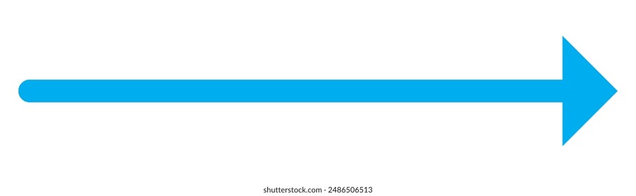 Blue long arrow pointing to the right. Straight long arrow icon, right thin line, blue cursor, horizontal element, thick pointer vector long arrow icon isolated on white background. eps 10