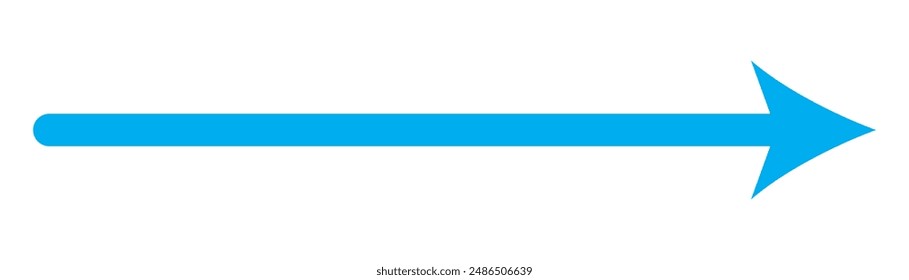 Blue long arrow pointing to the right. Straight long arrow icon, right thin line, blue cursor, horizontal element, thick pointer vector long arrow icon isolated on white background. EPS 10