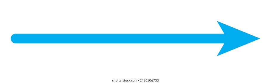 Blue long arrow pointing to the right. Straight long arrow icon, right thin line, blue cursor, horizontal element, thick pointer vector long arrow icon isolated on white background. EPS 10