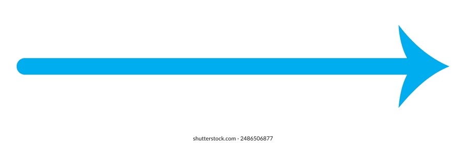 Blue long arrow pointing to the right. Straight long arrow icon, right thin line, blue cursor, horizontal element, thick pointer vector long arrow icon isolated on white background. EPS 10