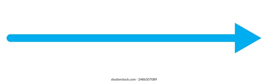 Blue long arrow pointing to the right. Straight long arrow icon, right thin line, blue cursor, horizontal element, thick pointer vector long arrow icon isolated on white background. simple vector.