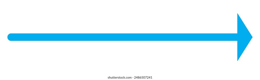 Blue long arrow pointing to the right. Straight long arrow icon, right thin line, blue cursor, horizontal element, thick pointer vector long arrow icon isolated on white background. Simple arrow.