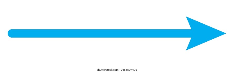 Blue long arrow pointing to the right. Straight long arrow icon, right thin line, blue cursor, horizontal element, thick pointer vector long arrow icon isolated on white background.