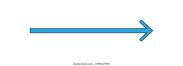 Blue long arrow pointing to the right. Straight long arrow icon, right thin line, blue cursor, horizontal element, thick pointer vector long arrow icon isolated on white background. Simple arrow.