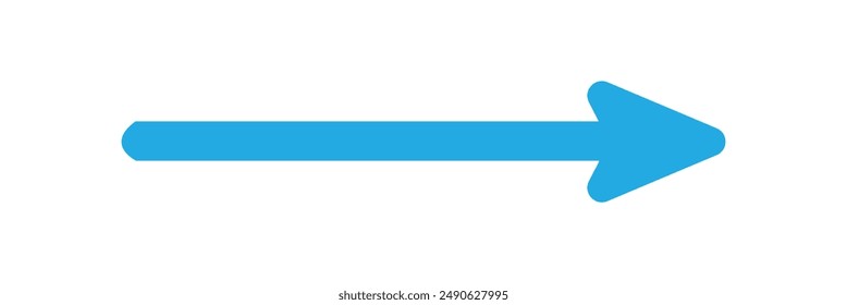 Blue long arrow pointing to the right. Straight long arrow icon, right thin line, blue cursor, horizontal element, thick pointer vector long arrow icon isolated on white background. Simple arrow.