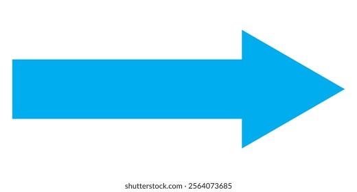 Blue long arrow pointing to the right. Straight long arrow icon, right thin line, blue cursor, horizontal element, thick pointer vector long arrow icon. Bold arrow icon .