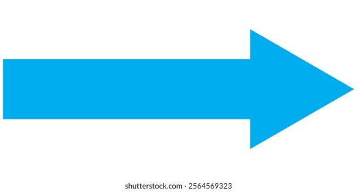 Blue long arrow pointing to the right. Straight long arrow icon, long arrow icon isolated on white background.