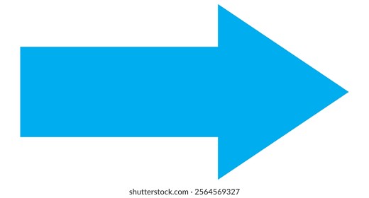 Blue long arrow pointing to the right. Straight long arrow icon, long arrow icon isolated on white background.