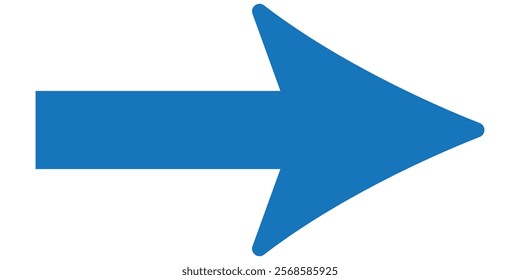 Blue long arrow pointing to the right. Straight long arrow icon, right thin line, blue cursor, horizontal element, thick pointer vector long arrow icon. Bold arrow icon .