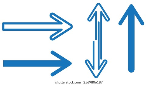 Blue long arrow pointing to the right. Straight long arrow icon, long arrow icon isolated on white background.