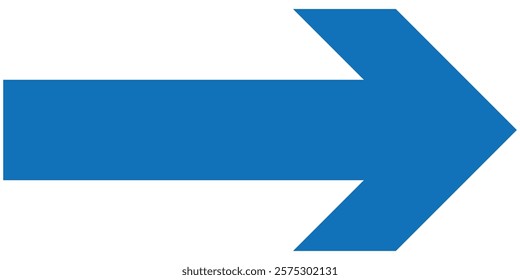 Blue long arrow pointing to the right. Straight long arrow icon, right thin line, blue cursor, horizontal element, thick pointer vector long arrow icon. Design eps 10