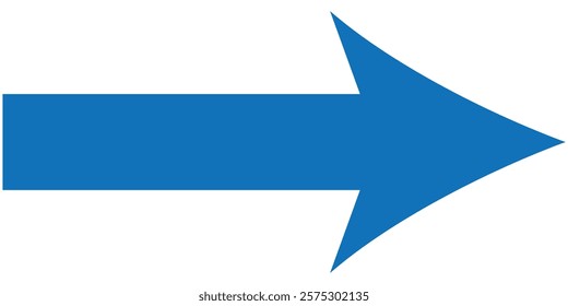 Blue long arrow pointing to the right. Straight long arrow icon, right thin line, blue cursor, horizontal element, thick pointer vector long arrow icon. Design eps 10