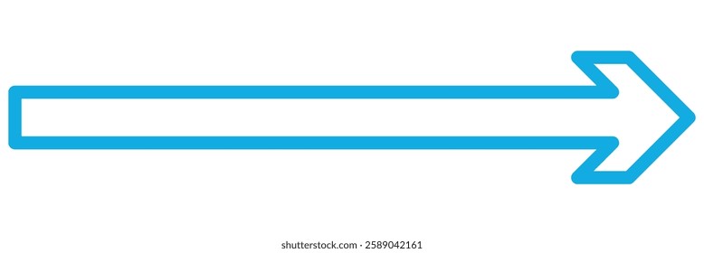 Blue long arrow pointing to the right. Straight long arrow icon, right thin line, blue cursor, horizontal element, thick pointer vector long arrow icon. Bold arrow icon 