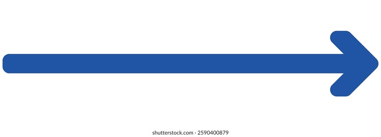 Blue long arrow pointing to the right. Straight long arrow icon, right thin line, blue cursor, horizontal element, thick pointer vector long arrow icon isolated on white background.