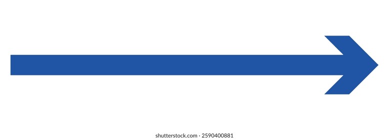 Blue long arrow pointing to the right. Straight long arrow icon, right thin line, blue cursor, horizontal element, thick pointer vector long arrow icon isolated on white background.