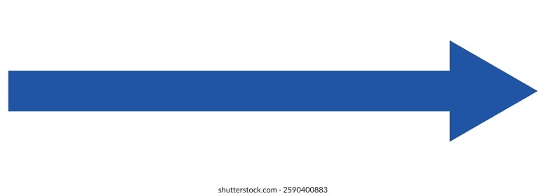 Blue long arrow pointing to the right. Straight long arrow icon, right thin line, blue cursor, horizontal element, thick pointer vector long arrow icon isolated on white background.