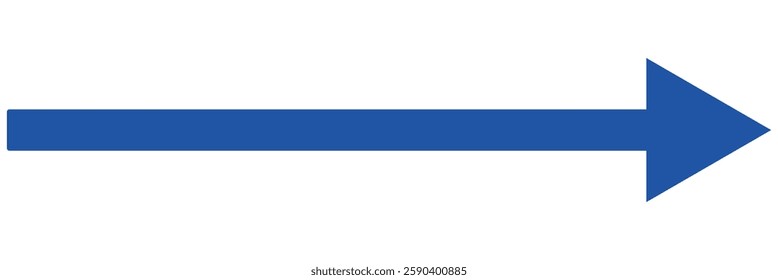 Blue long arrow pointing to the right. Straight long arrow icon, right thin line, blue cursor, horizontal element, thick pointer vector long arrow icon isolated on white background.