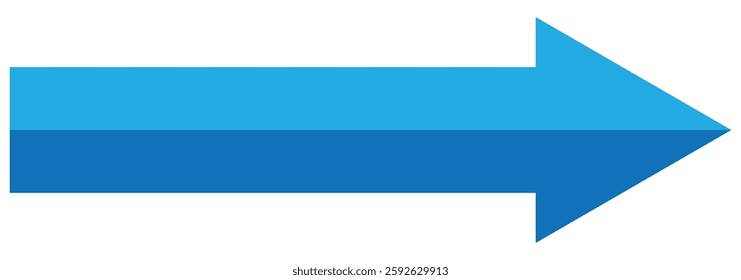 Blue long arrow pointing to the right. Straight long thin right vector arrow icon. Large forward, right pointing solid long arrow symbol vector. Blue cursor, horizontal element, thick pointer vector.