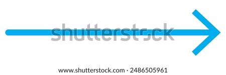 Blue long arrow pointing to the right. Straight long arrow icon, right thin line, blue cursor, horizontal element, thick pointer vector long arrow icon isolated on white background.