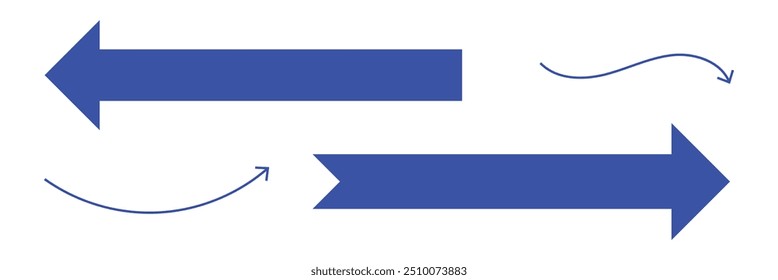 Conjunto de iconos de Vector de flecha larga azul. Flecha larga azul que apunta a la derecha. Icono de flecha larga recta, línea delgada derecha, cursor azul, elemento Horizontal, Vector de puntero grueso, icono de flecha larga. Eps 10. 