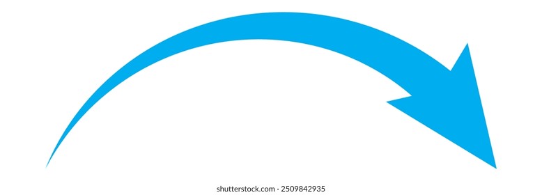 Blue long curved arrow. Blue arrow isolated on white background. Curved arrow, Long arrow.