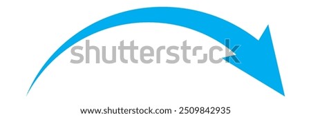 Blue long curved arrow. Blue arrow isolated on white background. Curved arrow, Long arrow.