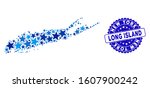 Blue Long Island map collage of stars, and distress rounded stamp. Abstract territory scheme in blue color tints. Vector Long Island map is designed of blue stars.