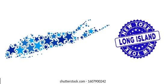 Blue Long Island map collage of stars, and distress rounded stamp. Abstract territory scheme in blue color tints. Vector Long Island map is designed of blue stars.