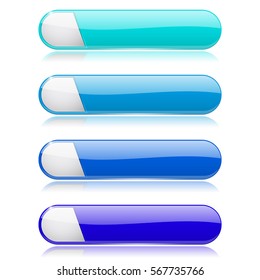 Blue long menu buttons. Shiny oval web interface 3d icons. Vector illustration isolated on white background