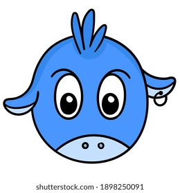blue looking down cow head emoticon cartoon, doodle draw kawaii. vector illustration art