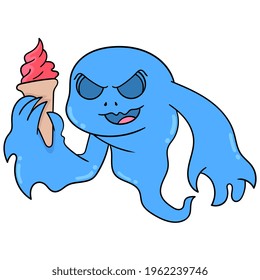 a blue looking evil monster carrying an ice cream cone, vector illustration art. doodle icon image kawaii.