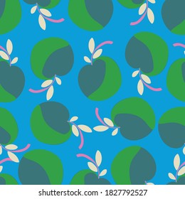 Blue with loose whimsical green apples seamless pattern background design.