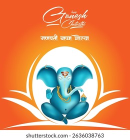 Blue Lord Ganesha Illustration with Sanskrit Text on Orange Background  Ganesh Chaturthi Festival Art for Hindu Celebration Poster Card or Decorative Digital Use
