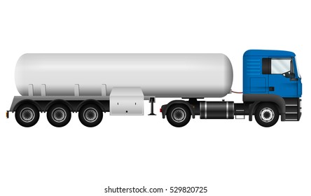 Blue lorry with white cistern. Isolated tanker truck on white background, side view. Cargo vehicle template. All elements in groups on separate layers. The ability to easily change the color.
