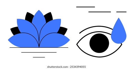 Blue lotus flower next to the eye shedding a tear. Ideal for wellness meditation spirituality emotions graphic design. Minimalist modern vector style in black blue and white purity balance