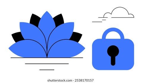 Flor de lótus azul ao lado de um cadeado azul com uma nuvem flutuante em um estilo minimalista. Ideal para temas de bem-estar, segurança, proteção, atenção plena e tranquilidade. Estilo limpo, simples, moderno