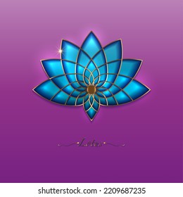 Blue Lotus flower, sacred geometry mandala, golden luxury ornament, gold line art floral logo. Flower blossom symbols of yoga, spa, beauty salon, cosmetics, relax, brand style. Vector isolated