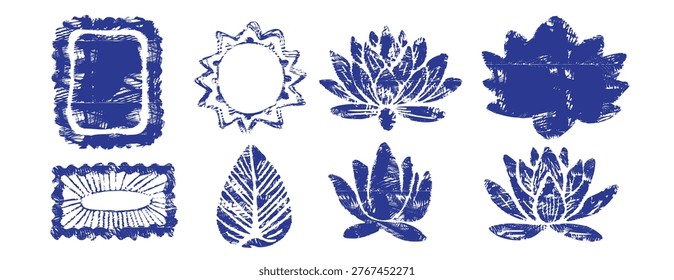 Blue lotus flowers and decorative sun frames in cobalt blockprint style. Zen floral elements and hand-drawn borders for yoga, meditation, and Mediterranean designs. Isolated on white background