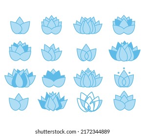 Blue lotus flowers vector set. Floral icon collection. Lotus web icon original set. Editable lilly flowers isolated on white. Graphic logo symbols