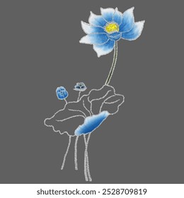 Projeto de vetor de lótus azul, flor de lótus, flor de bordado, bordado padrão