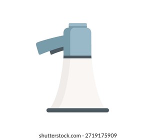 Blue loudspeaker on vertical stand. Public address system pointing downward. Gray pole with speaker for announcements and broadcasting. Modern sound equipment. Vector illustration